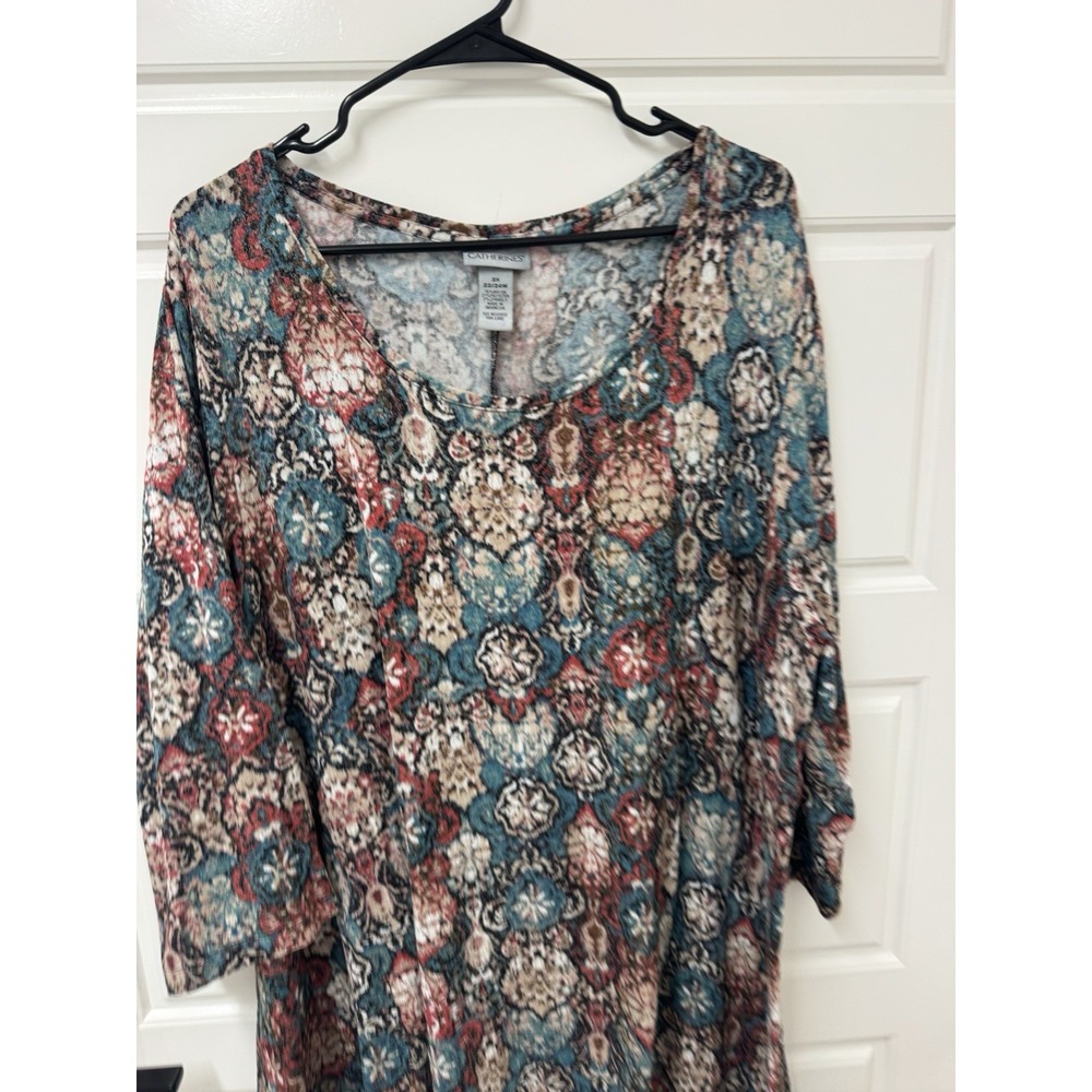 Catherines 2X 22/24W Blouse Tunic Multicolor Rayon Spandex 3/4 Sleeve Top